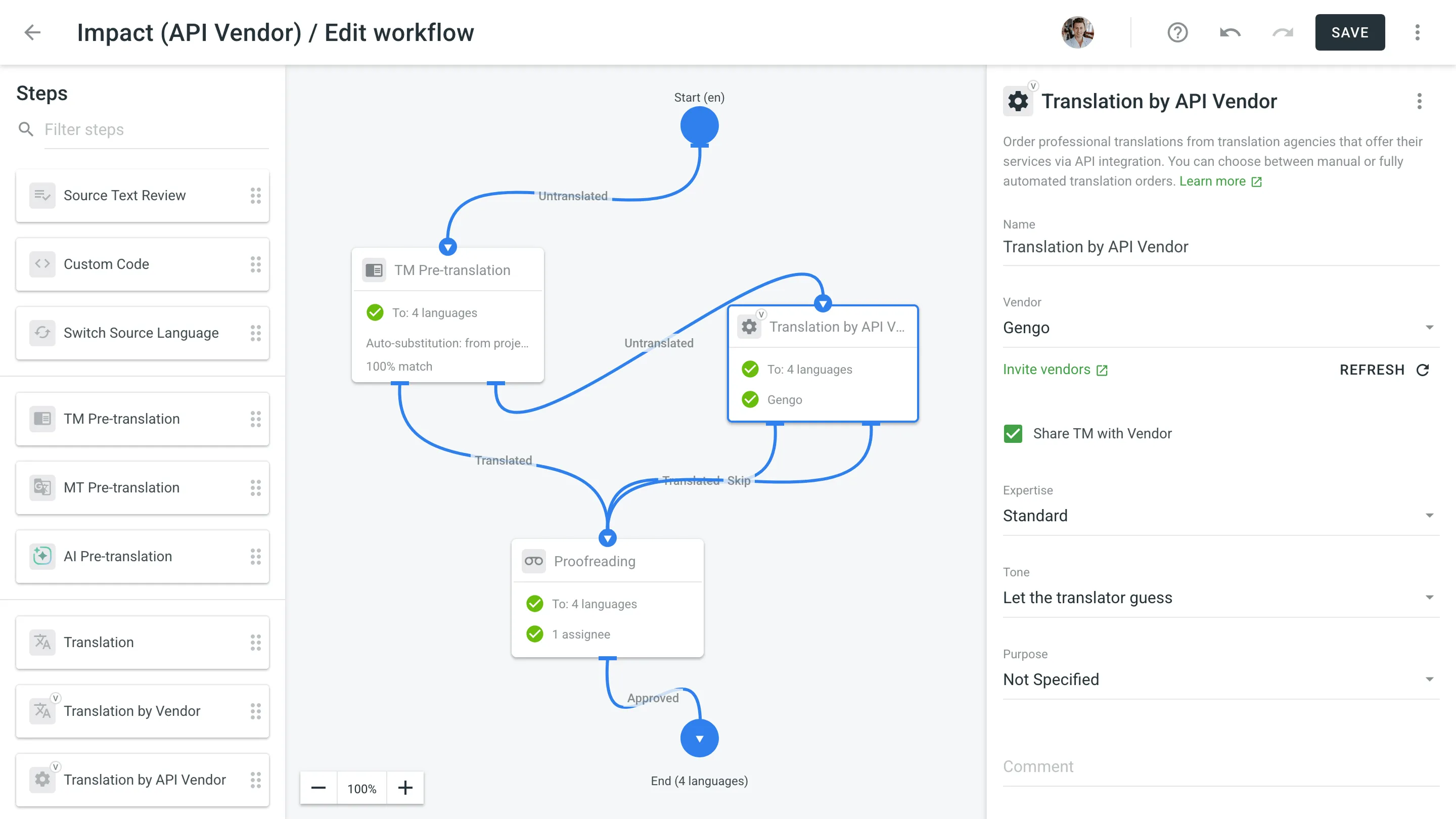 „Übersetzung durch API-Dienstleister“ im Workflow-Editor